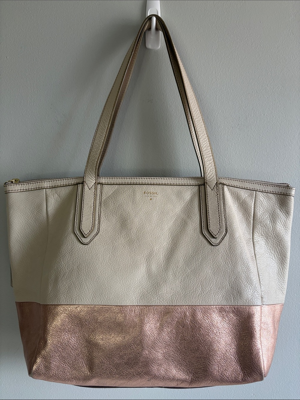 Fossil Cream and Rose Gold Two-Tone Leather Tote